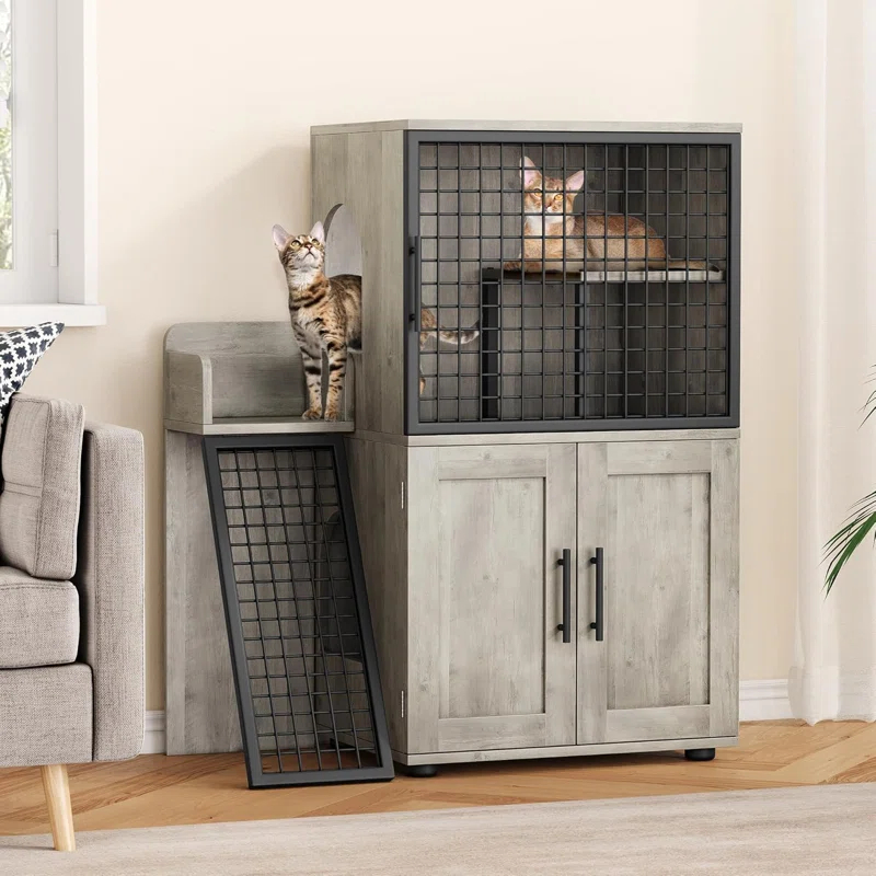 Modern Villa Cat Litter Box Enclosure With Platform