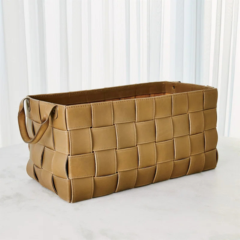 Global Views Soft Woven Leather Basket-Putty