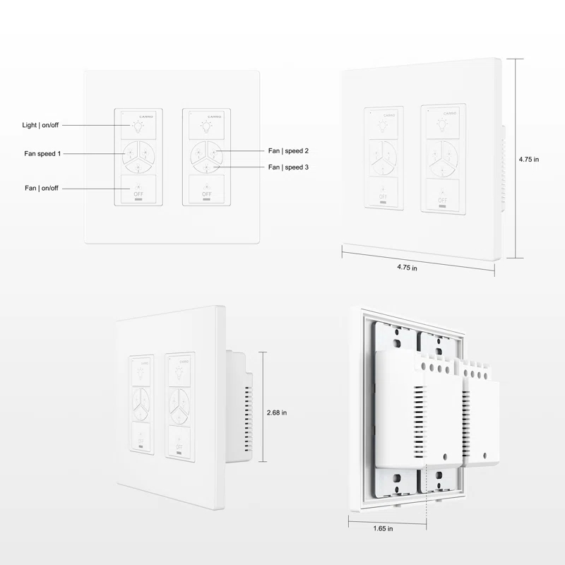 CARRO Carro Home Smart Switch, Fan Speed Control And Light On/off Switch Works With Amazon Alexa, Google Home, And Siri Shortcut, Universal Wifi Fan & Light Controller.