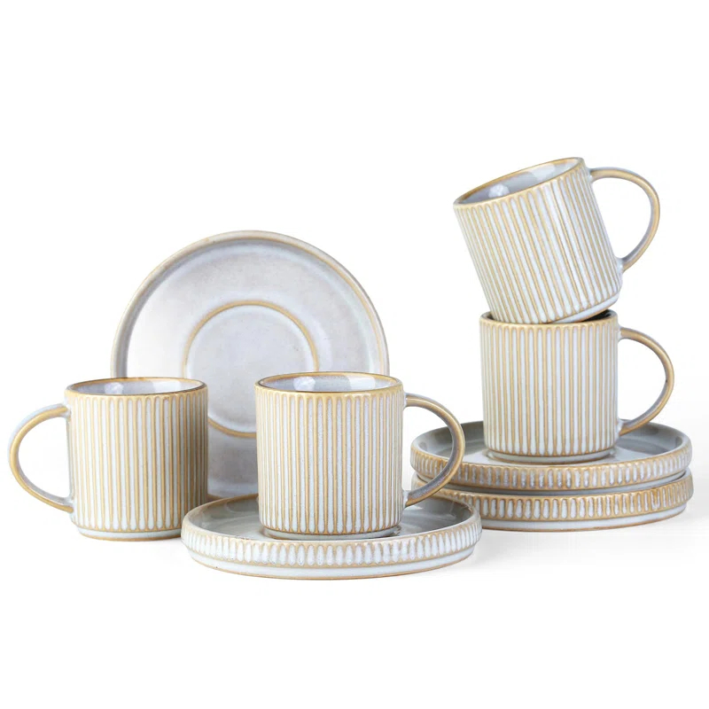 shuoli Star Espresso Cups And Saucers Set Of 4, [ Mini ] 3 Oz Ceramic Small Coffee Mug With Handle, Ribbed Stoneware Demitasse Cup For Tea, Latte - Microwave & Dishwasher Safe - Cappuccino White