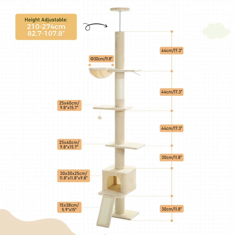 Adjustable Height Floor To Ceiling 5-Tier Tall Cat Tree Tower For Indoor Cats With Cat Condo, Cat Scratching Post And Cat Ladder
