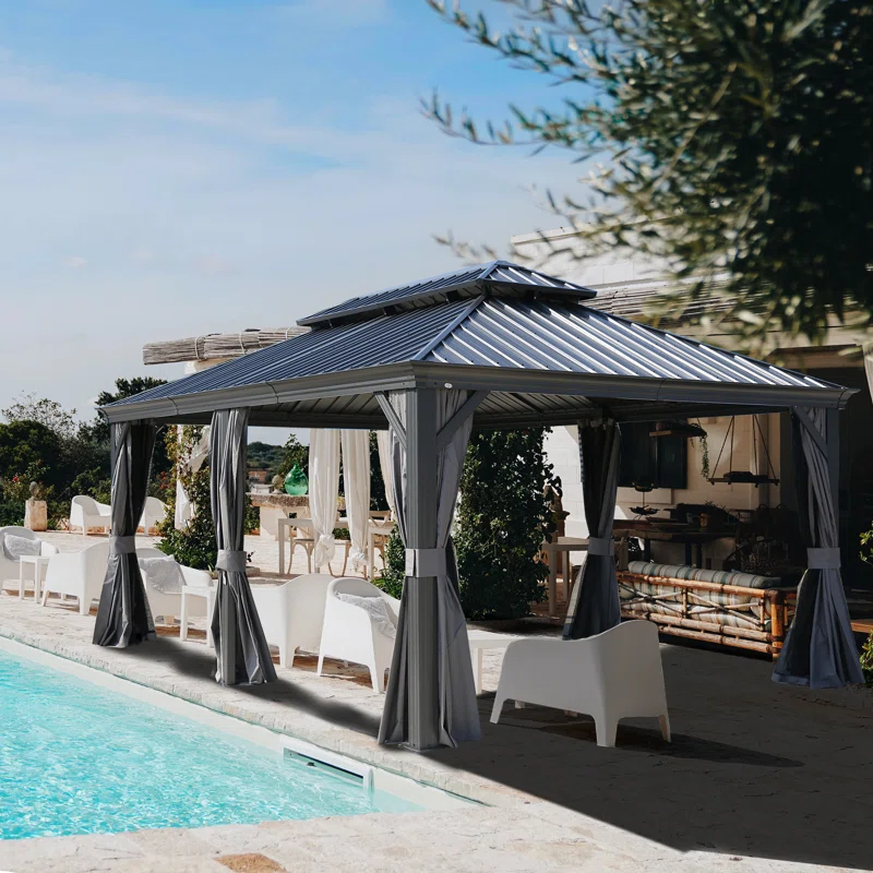Kozyard Kozyard Alexander Gray Double Roof Hardtop Gazebo with Privacy Curtain Mosquito Netting