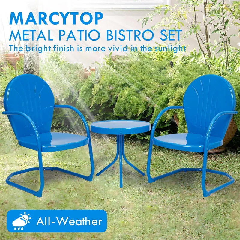 Latitude Run® Outdoor Bistro Set, 3 Pieces Retro Metal Porch Furniture Set, All-Weather Patio Bistro Set, 2 C-Spring Metal Chairs And Round Side Table For Porch, Garden, Lawn And Balcony