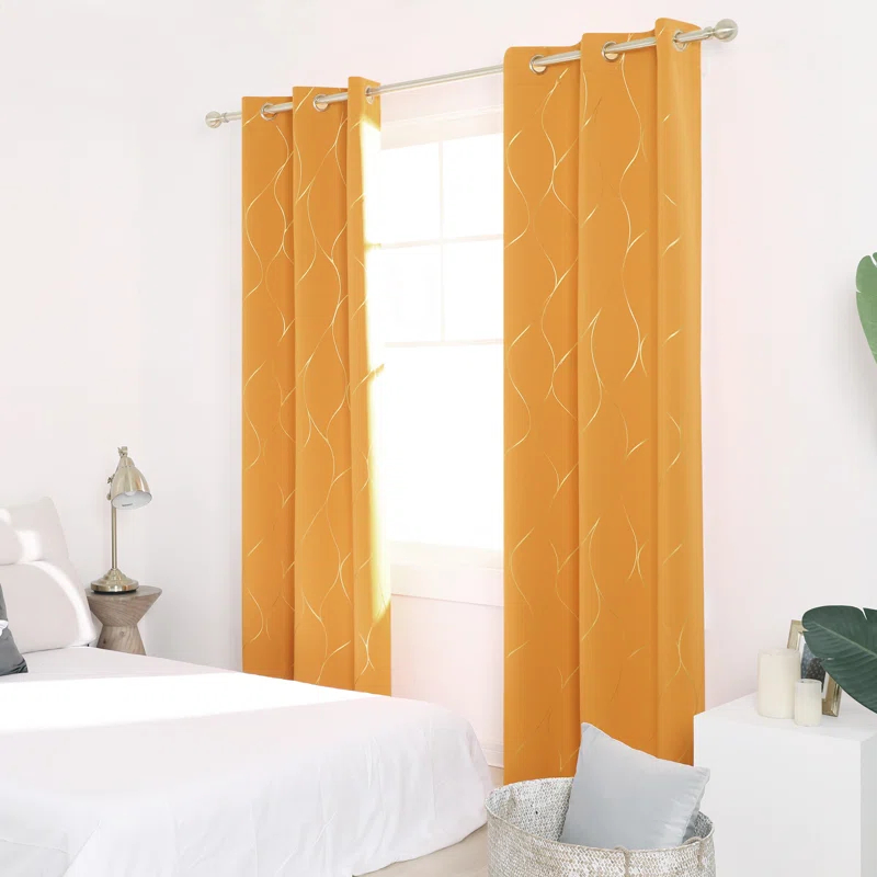 Everly Quinn Boulus Gold Foil Print Blackout Thermal Insulated Grommet Curtains Set Of 2