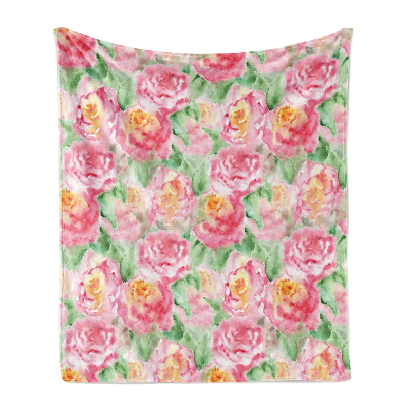Ambesonne Ambesonne Rose Fleece Blanket Soft Blossoming Pink Green