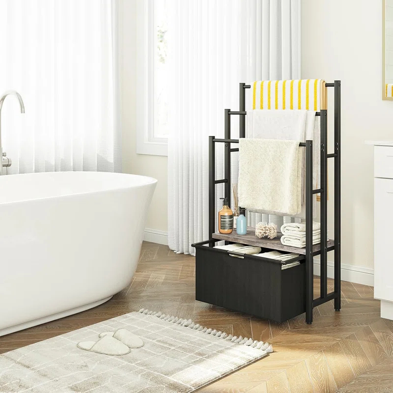 Freestanding Towel Rack With Drawers, SDXYSTCE 3 Tiers Standing Blanket Racks For Bedroom, 23.6" L X 11.8" W X 43.3" H, Blanket Holder With Shelf, Upgrade Steady Design,