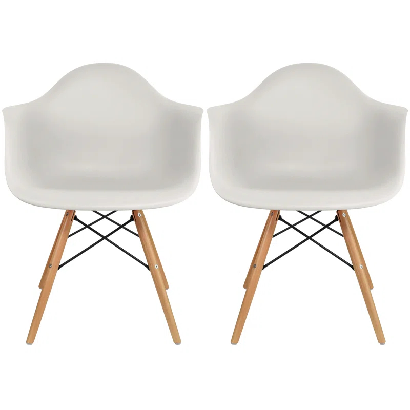 2xHome Plastic Dining Armchairs with Natural Wooden Wood Legs Indoor Outdoor (Set of 2)