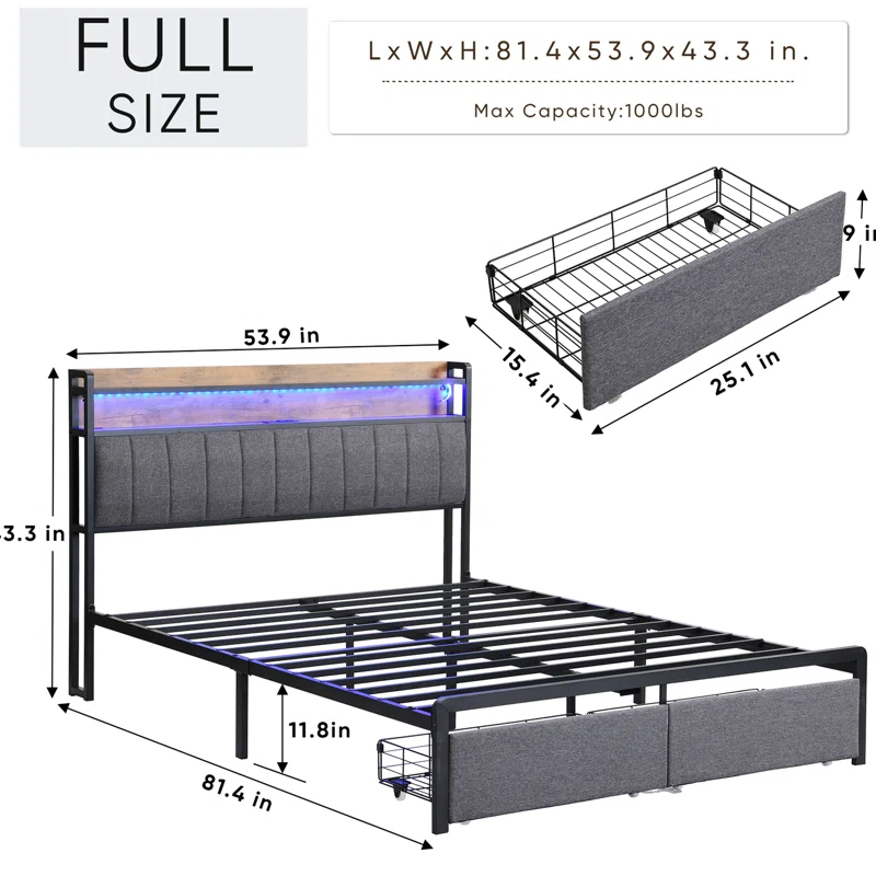 Orren Ellis Full Bed Frame With Storage Headboard And Drawers, Full Size Led Platform Bed Frame, Led Upholstered Bed Frame With Charging Station
