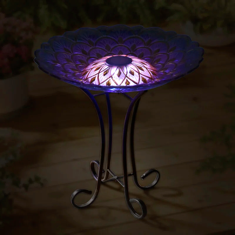 Solar Floral Glass Bird Bath with Stand