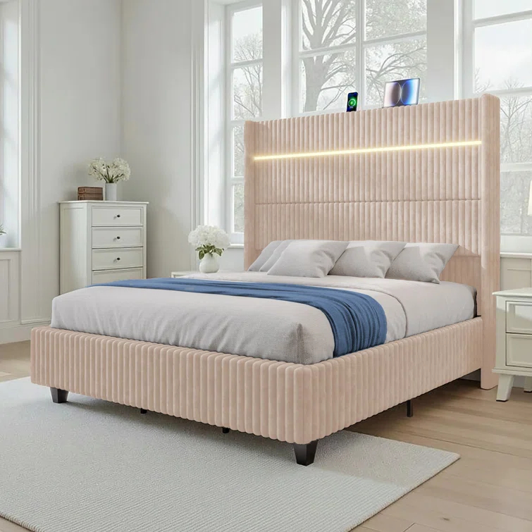 Ivy Bronx LED Bed Frame, Corduroy Upholstered Platform with 60" Tall Headboard & Charging Station
