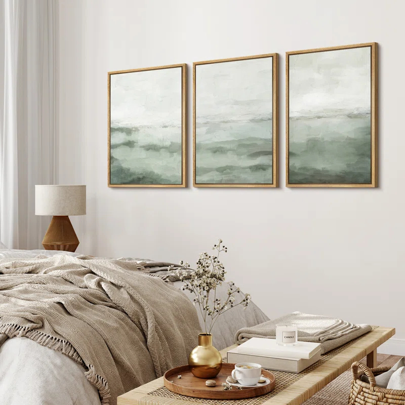 IDEA4WALL Sage Green Abstract Landscape Modern Organic Minimal Bedroom Framed Canvas Print 3 Pieces Wall Art