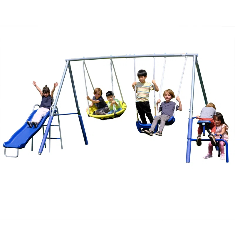 Sportspower Sportspower Taylor Galvanized Metal Swing Set With Blow Molded Swing, Standing Swing, 2 Person Teeter Totter, 32" Saucer Swing, And 5' Slide, Bonus 4pc Anchor Kit Included
