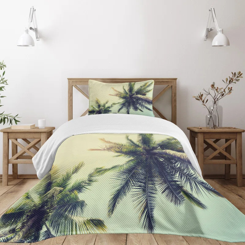 Ambesonne Ambesonne Palm Tree Bedspread Set Caribbean Coastline Ocean Pale Yellow Green Brown