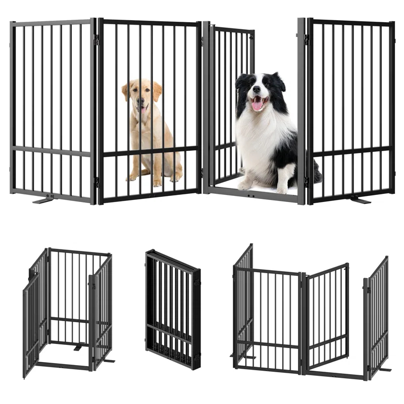 Full Matel Freestanding Dog Gate With Door, 32 Inch Height Foldable Pet Dog Fence Extra Wide Free Standing Small Dog Gates For Doorways,House,Stairs,Porch,Deck,Yard