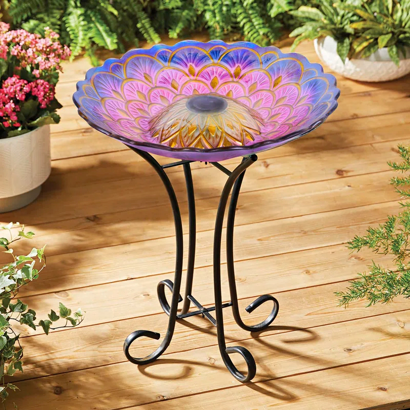 Solar Floral Glass Bird Bath with Stand