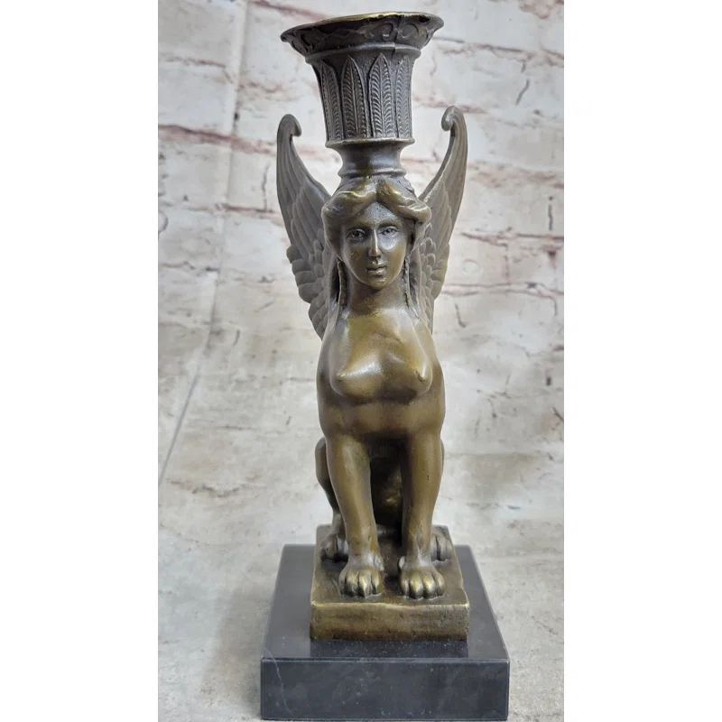 Trinx Kallen Art Deco Sphinx Bronze Candle Holder Bronze Sculpture Marble Base Statue