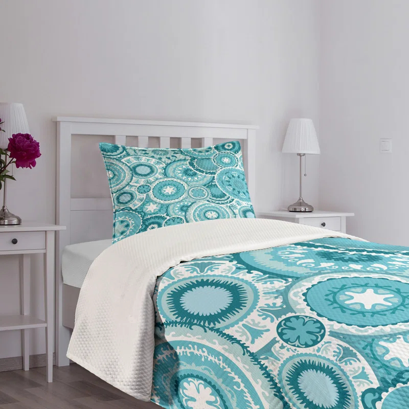 Ambesonne Ambesonne Aqua Bedspread Set Mandala Round Turquoise Teal White