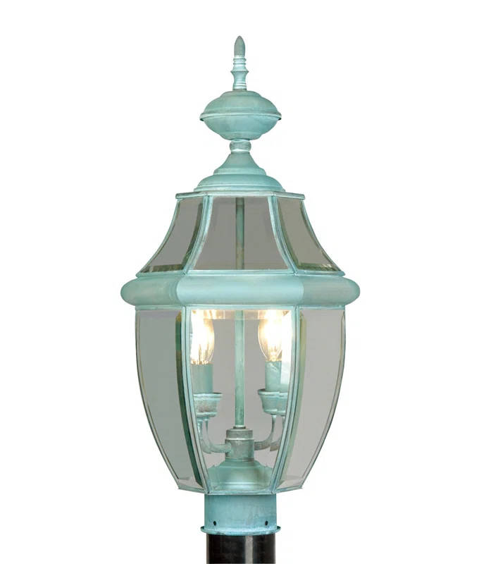 Lighting Lumens 2 Light Verdigris Outdoor Post Lantern Pendant - Clear Beveled Glass Shade