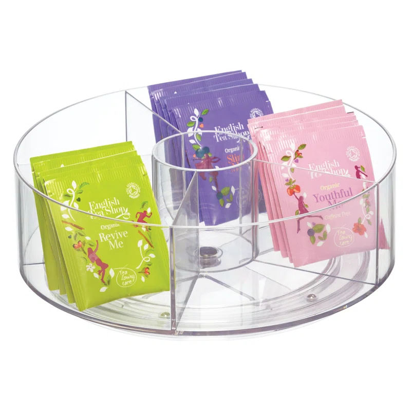 iDesign iDesign Cabinet Binz 9" Divided Rotating Turntable Tea Packet Organizer, Clear