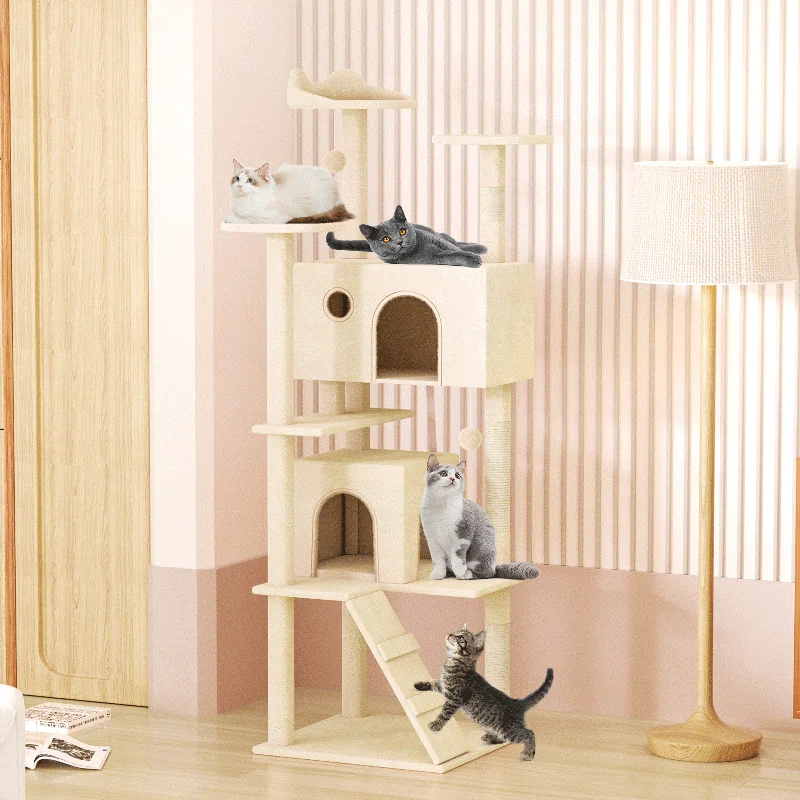 70" Cat Tree Tower With Scratching Posts, Multiple Cat Caves, Top Perch, And Play Features For Indoor Cats