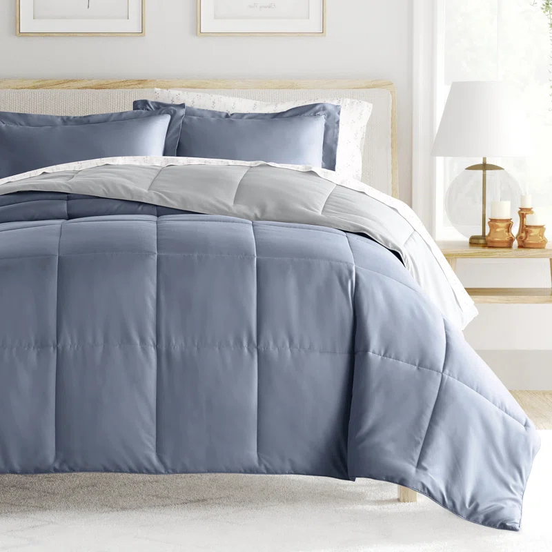 IEnjoy Home 7-Piece Reversible Bedding Bundle - Solid Comforter and Patterned Sheet Set