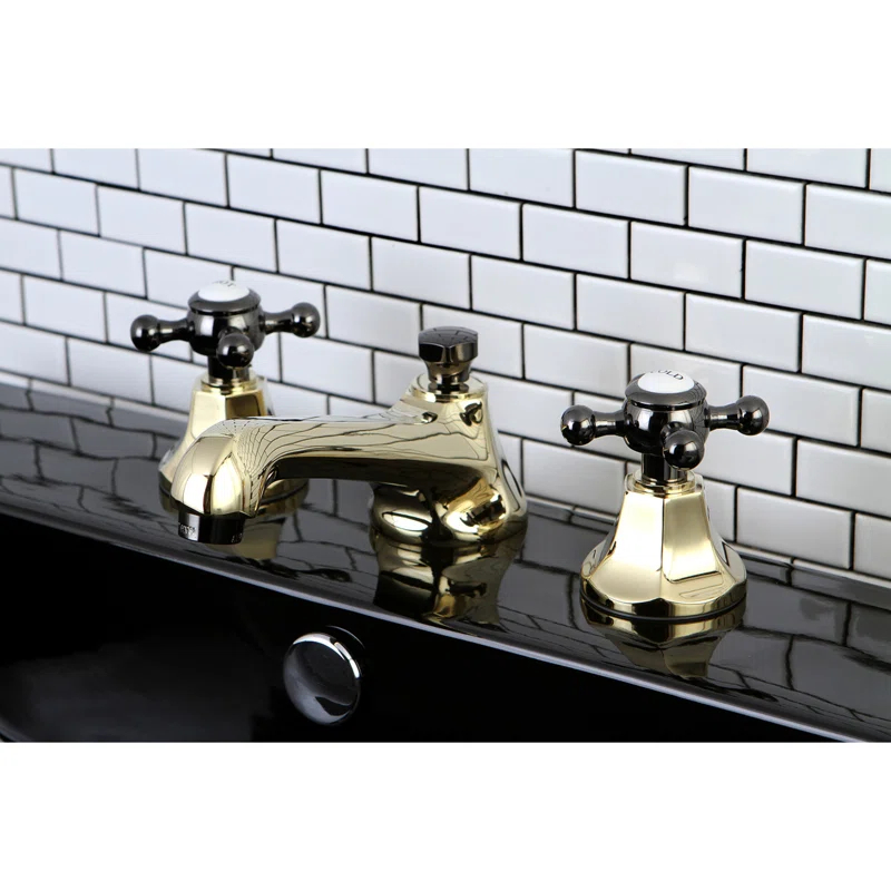 Kingston Brass Water Onyx Two-Handle 3-Hole Deck Mount Widespread Bathroom Faucet with Brass Pop-Up Drain
