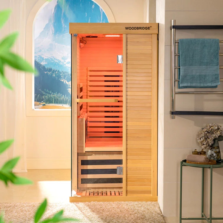 WoodBridge 1 Person Indoor Bluetooth Compatible FAR Infrared Sauna in Canadian Hemlock, Touch-Tone Keypad, LED Therapy Light
