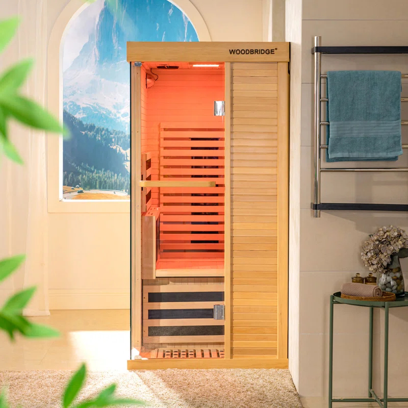 WoodBridge 1 Person Indoor Bluetooth Compatible FAR Infrared Sauna in Canadian Hemlock, Touch-Tone Keypad, LED Therapy Light