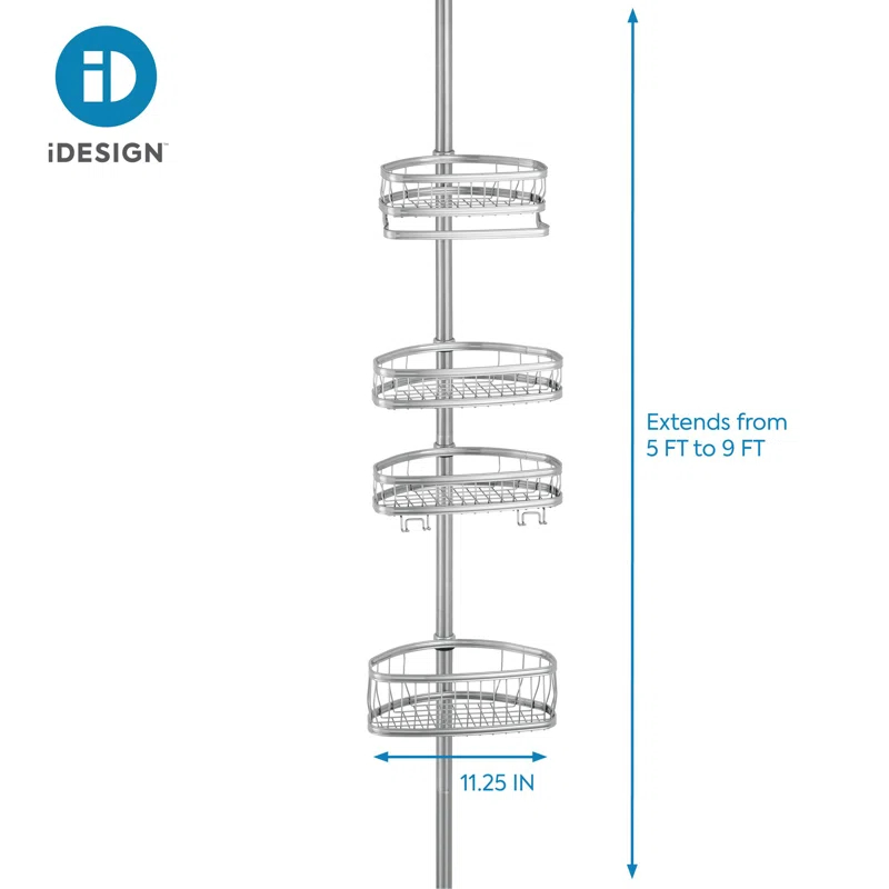 iDesign iDesign York Metal Wire Tension Rod Corner Shower Caddy, Adjustable 5'-9' Pole and Baskets, Silver