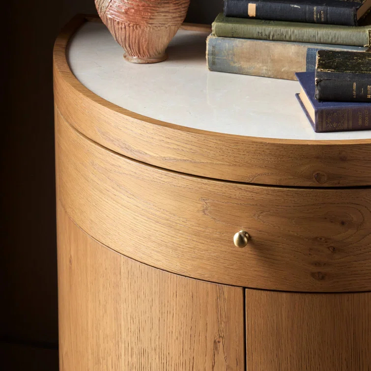 Cream Marble and Oak Veneer Demilune Nightstand with 3 Drawers