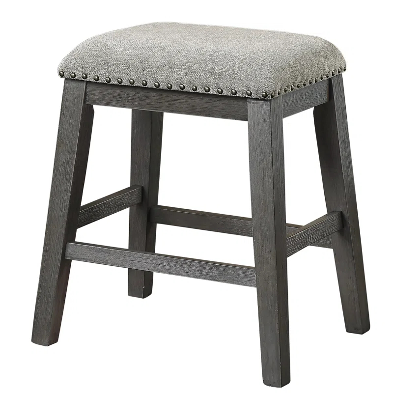 Rosdorf Park Set of 2 Counter Height Barstools – Gray Chenille Upholstery, Nailhead Trim, and Wire-Brushed Acacia Legs for Casual Dining (Set of 2)