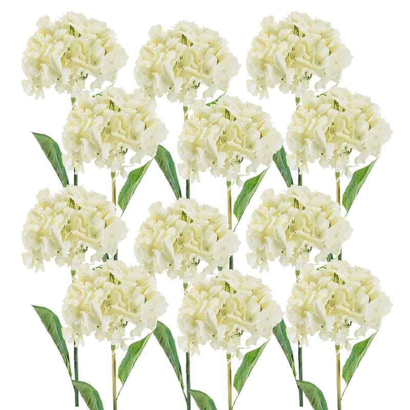 34" Almost-Real Hydrangea with Leaves - Set of 12 - Cream (Set of 12)