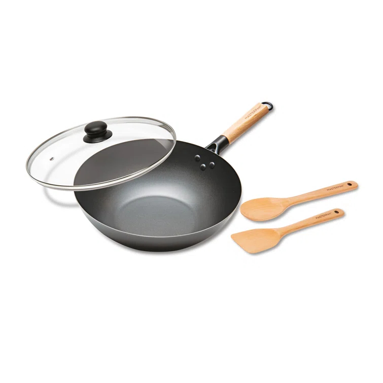 MasterPan Inc. Masterpan Carbon Steel Wok With Glass Lid Wooden Utensils Non-Stick Flat Bottom Asian Stir-Fry