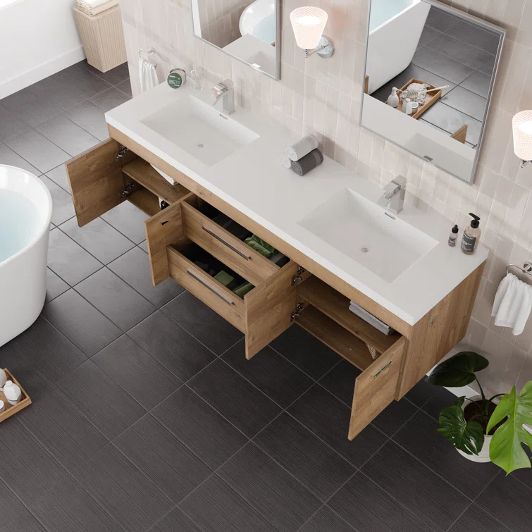Wade Logan® Wauconda 72"W X 20"D Wall Mount Double Sink Bathroom Vanity With White Acrylic Countertop And Integrated Sinks