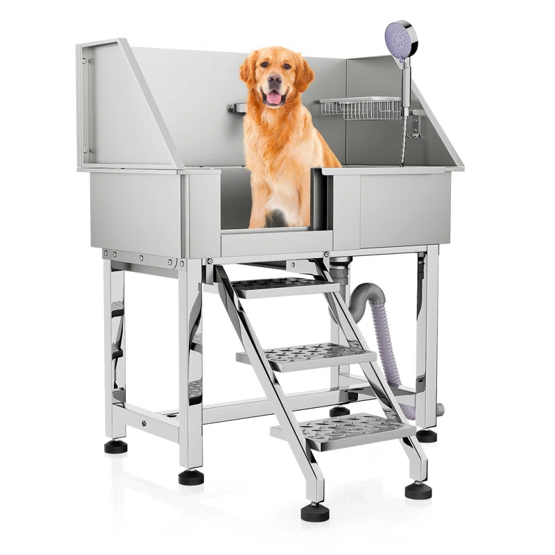 MoNiBloom 34" Pet Grooming Tub, Stainless Steel Pet Washing Station with Retractable Step, Faucet, Shower Head