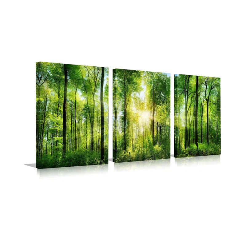 3 Panel Nature Wall Art ,Landscape Paintings Framed Trees Green Pictures Sunrise Scenery Wall Decor