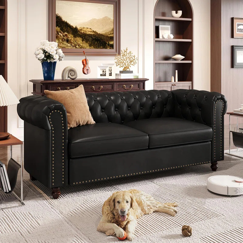 Alcott Hill® 72 Inch Couch Chesterfield Leather Sofa With Wooden Legs