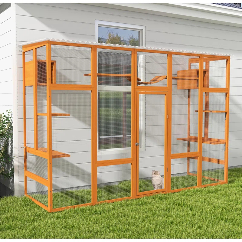 HOSSEJOY Wooden Cat Enclosure with 6 Jumping Platforms, 2 Cat Condos, Cat Bridge and Scratching Board