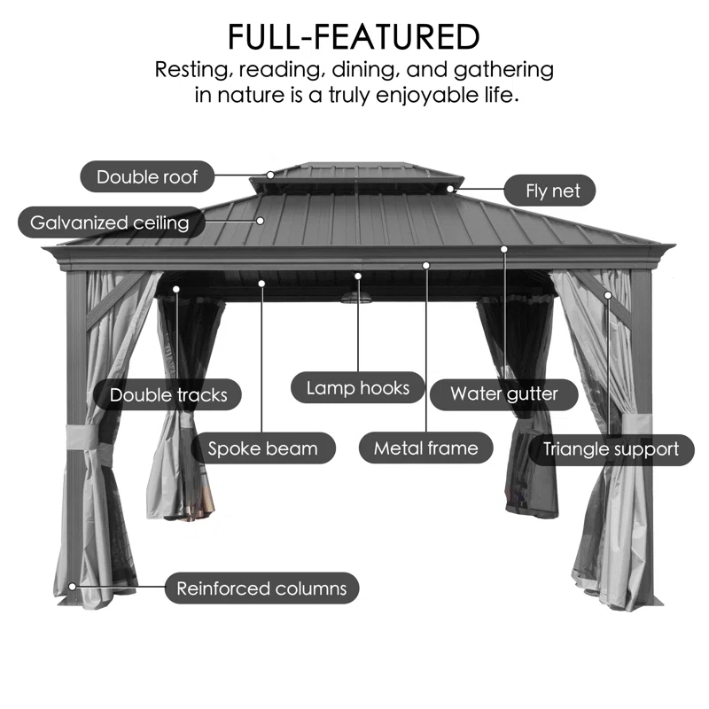Kozyard Kozyard Alexander Gray Double Roof Hardtop Gazebo with Privacy Curtain Mosquito Netting