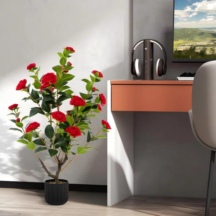 Primrue 38 In. Faux Camellia Tree In Pot Decorative Plant Indoor/Outdoor