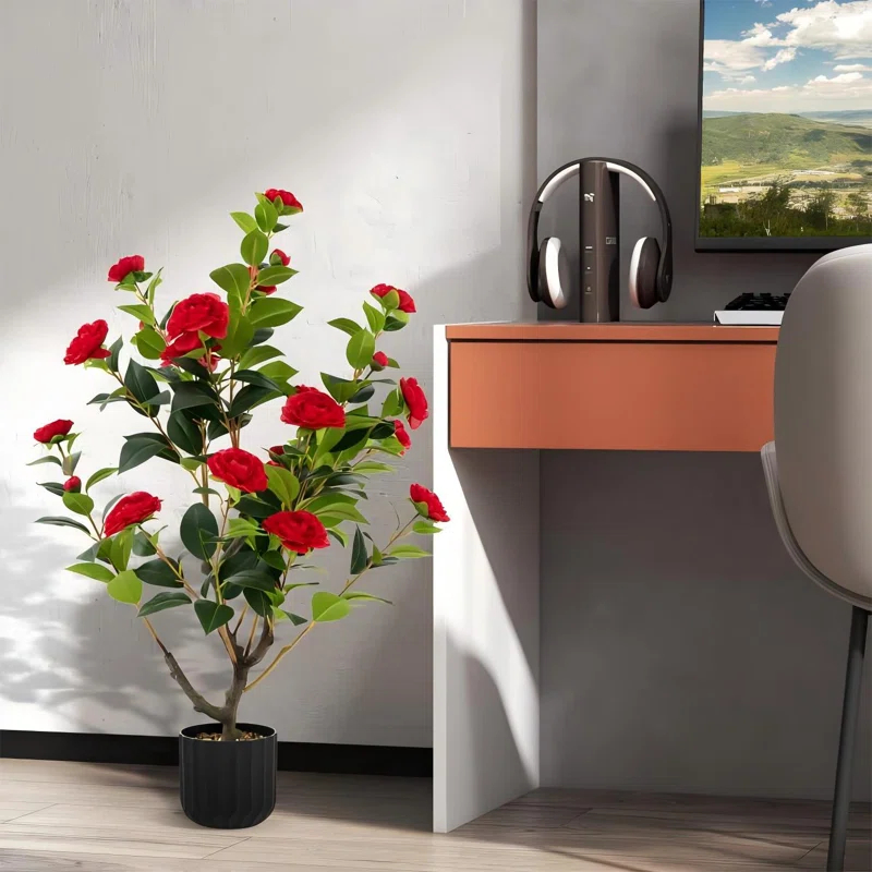Primrue 38 In. Faux Camellia Tree In Pot Decorative Plant Indoor/Outdoor