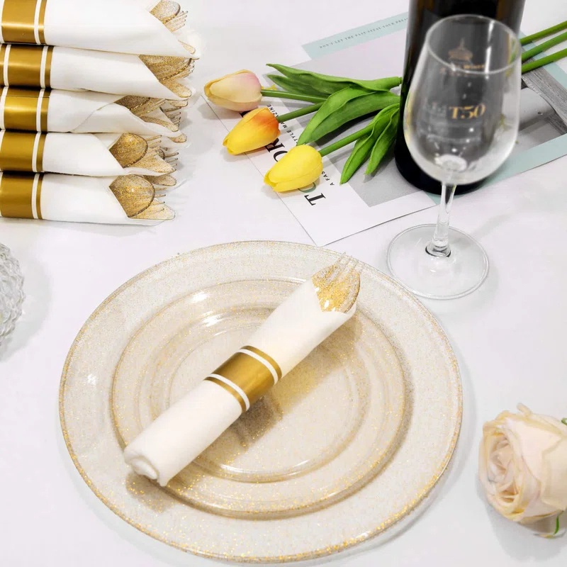 MODERN WALLS LLC 350 Pieces Gold Glitter Dinnerware Set 50 Guest For Party- 50 Dinner Plates, 50 Dessert Plates -50 Per Rolled Napkins With Gold Cutlery - 50 Disposable Cups 9 OZ