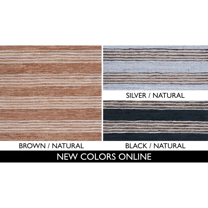 Latitude Run® Vintage Leather Hand Woven Leather/Jute/Cotton Striped Rug in Brown/Blue