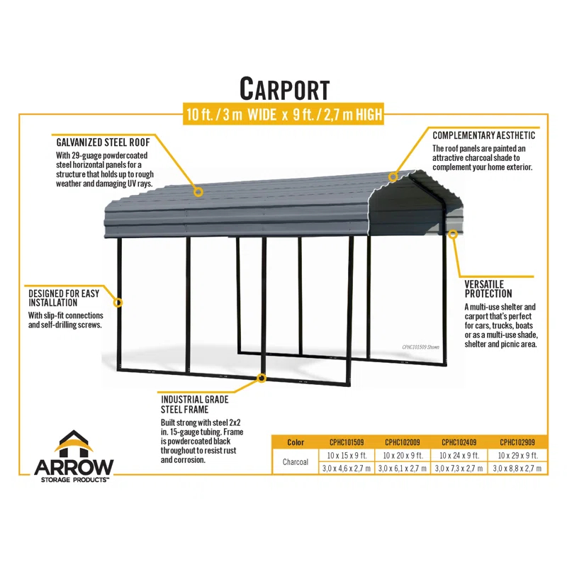 Arrow Carport, 10 ft. x 15 ft. x 9 ft.