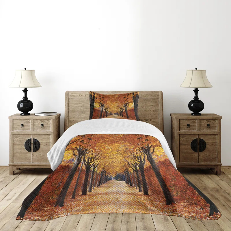 Ambesonne Ambesonne Autumn Bedspread Set Pathway in the Woods Orange Brown