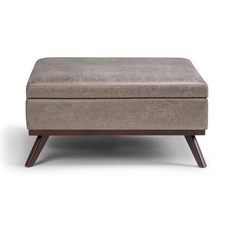 Simpli Home Owen 36"W Upholstered Square Coffee Table Storage Ottoman with Lift Top and Solid Wood Legs
