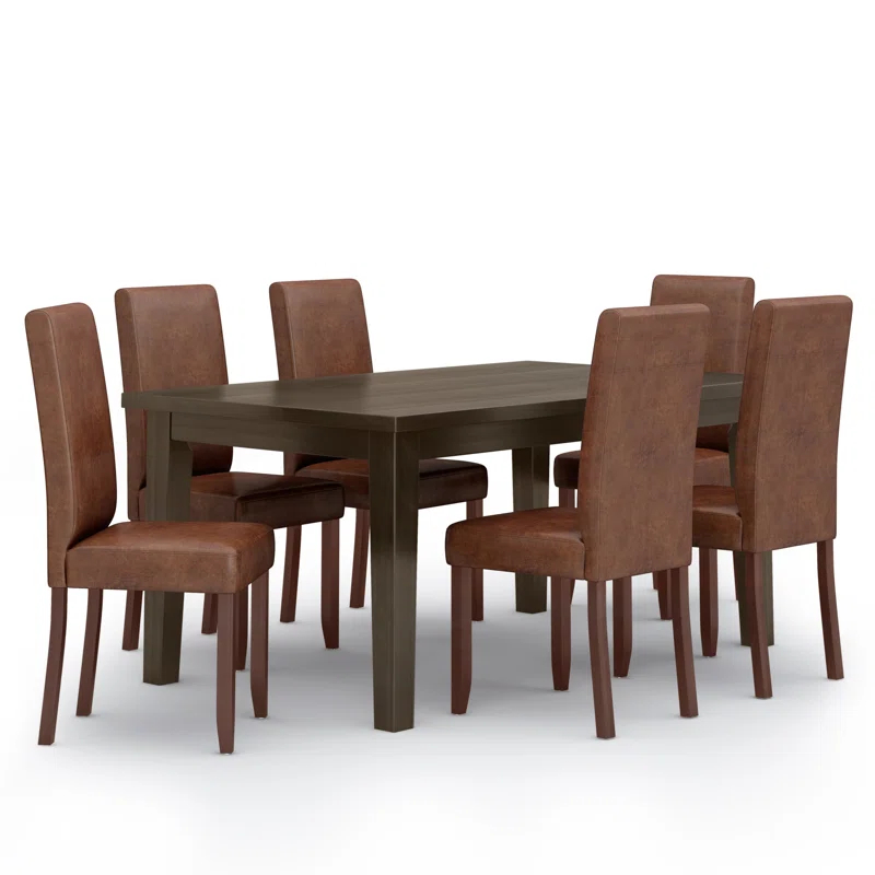 Simpli Home Acadian 7-Piece Dining Set with Solid Hardwood Table and 6 High-Back Upholstered Chairs