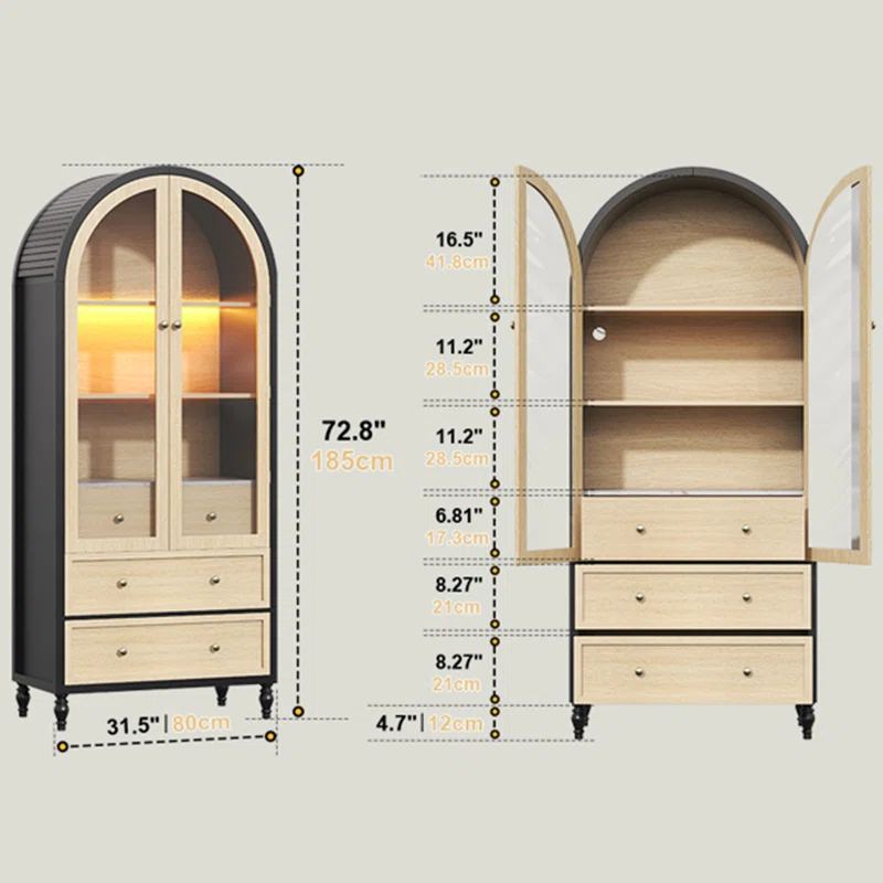 Alcott Hill® 73 Inch Tall Arched Storage Cabinet With Doors Arched Pantry Led Lighted Display Cabinet Bookshelf