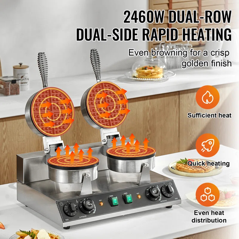 VEVOR Commercial Waffle Maker Dual-Head Round Waffle Iron 2460W Non-Stick