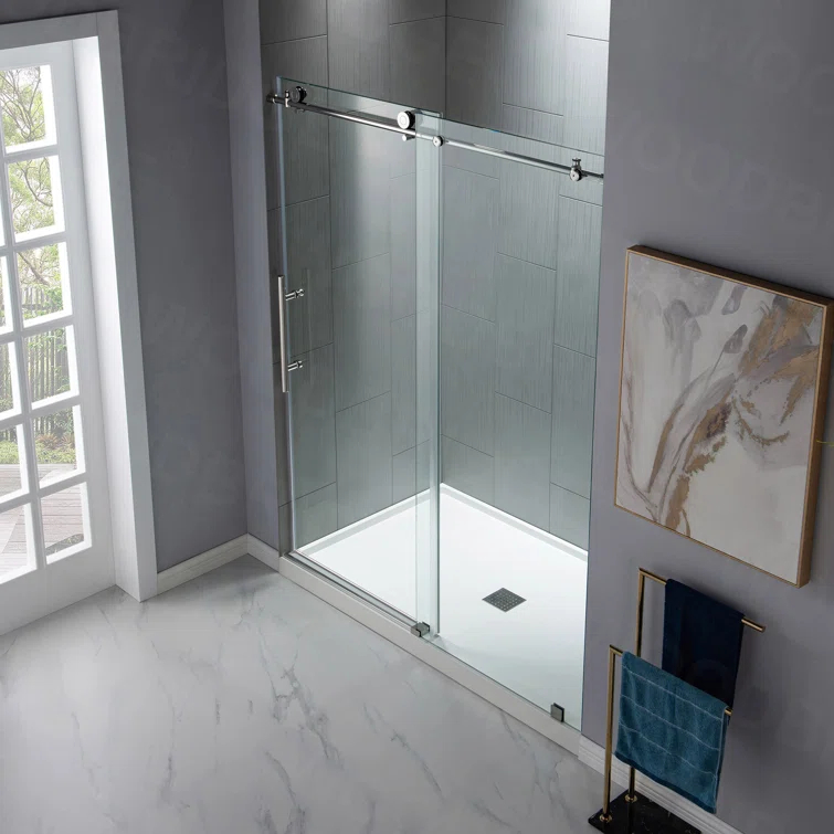 WoodBridge 56"-60" W x 76" H Single Sliding Frameless Shower Door | 3/8" (10mm) Thickened Upgrade Tempered Glass | Stainless Steel Hardware | Safe, Explosion-Resistant, Clear & Stylish, Sturdy & Durable MBSDC6076-C